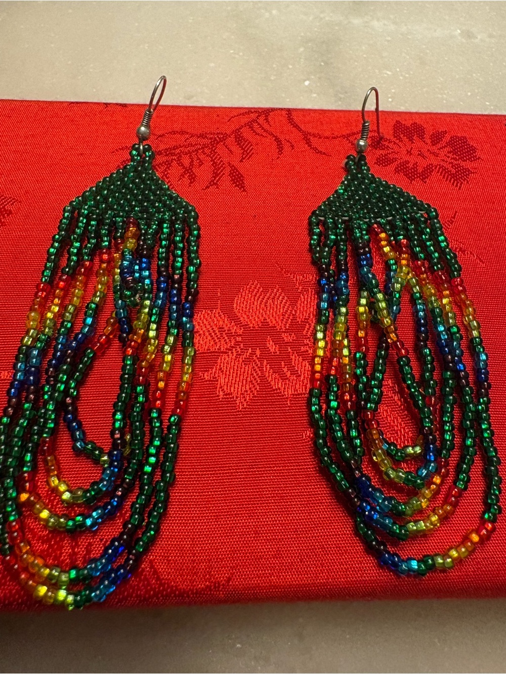 Handmade Multicolor Seed Bead Fringe Earrings - Green Base